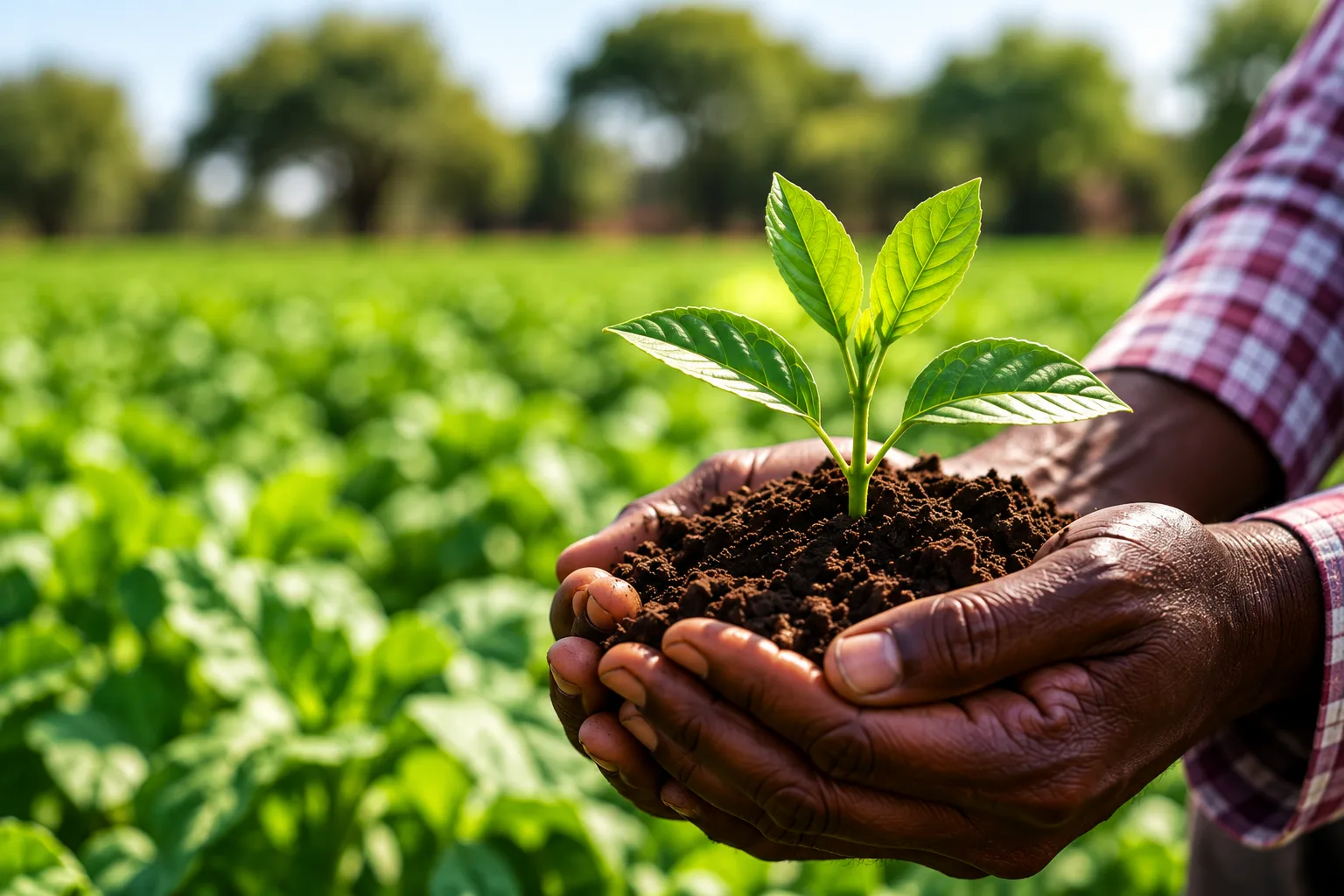 Hands nurturing a young seedling